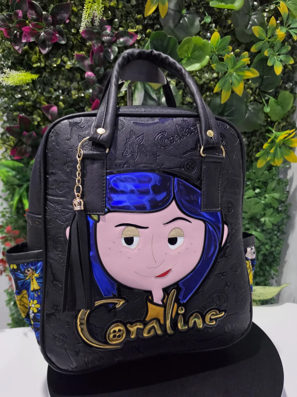 Handmade 30cm Coraline Black Backpack with Blue Hair Character Accent